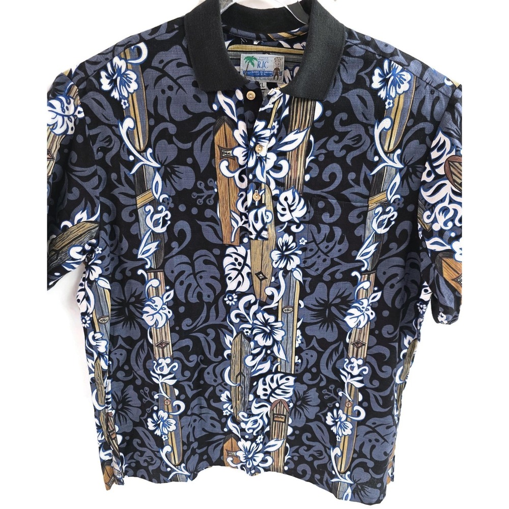 RJC Polo Shirt‎ Mens XL Black Hawaiian Floral Surfboard Print Made In Hawaii USA